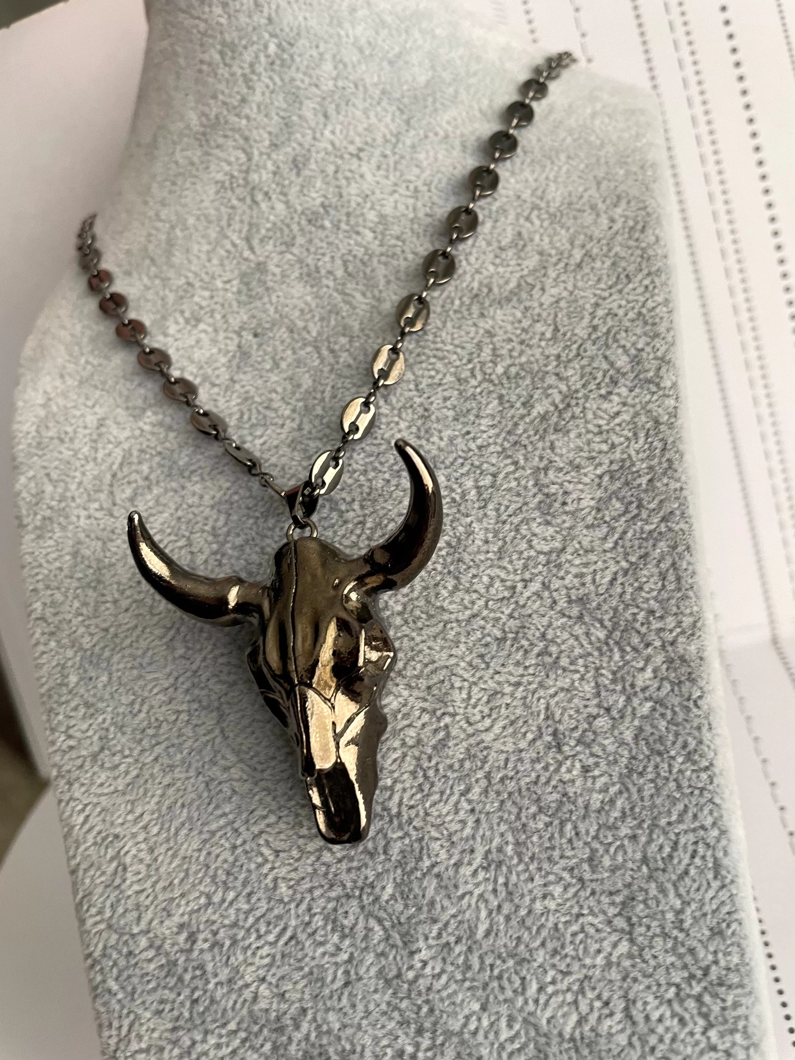 Rhodium Bull pendant long necklace