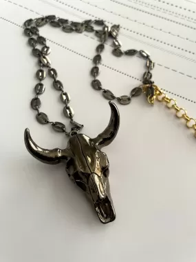 Rhodium Bull pendant long necklace