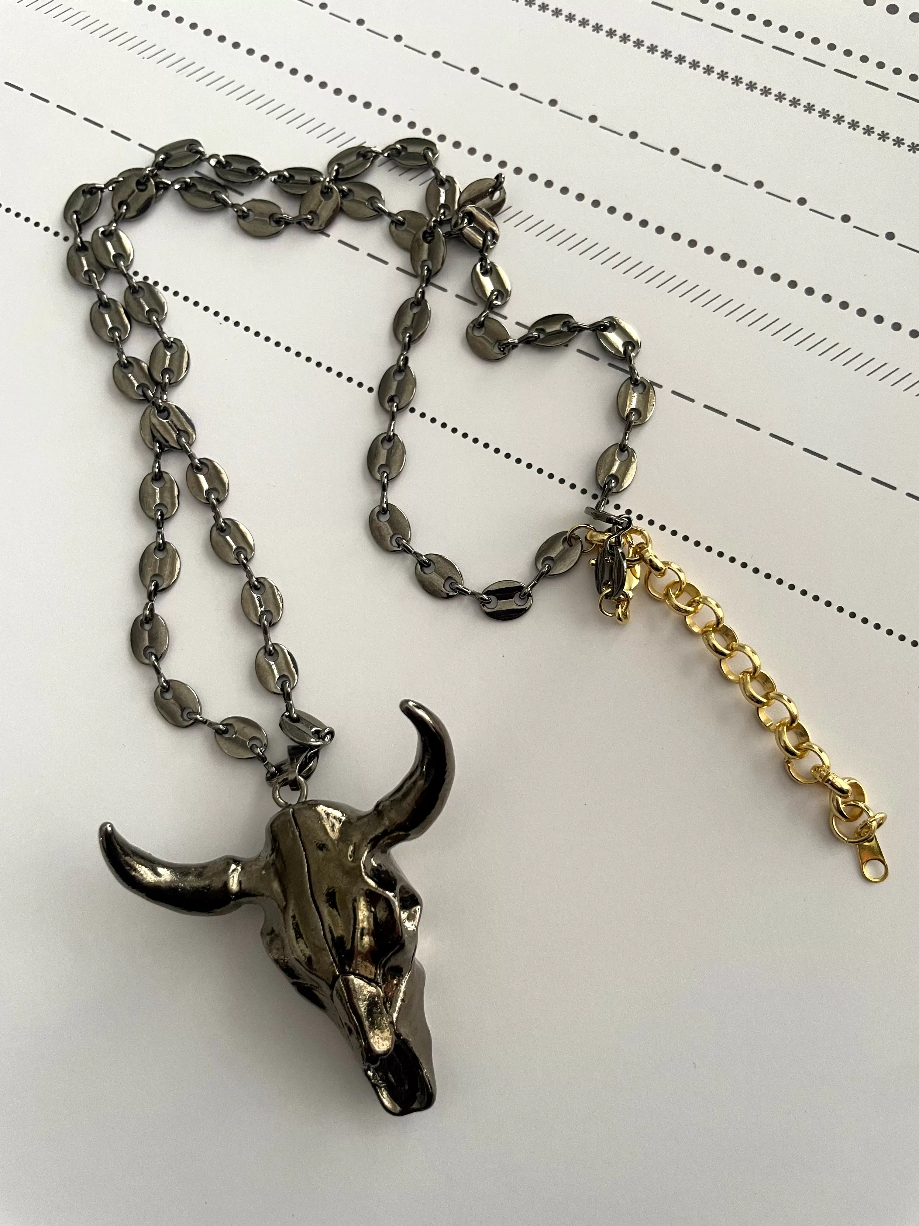 Rhodium Bull pendant long necklace