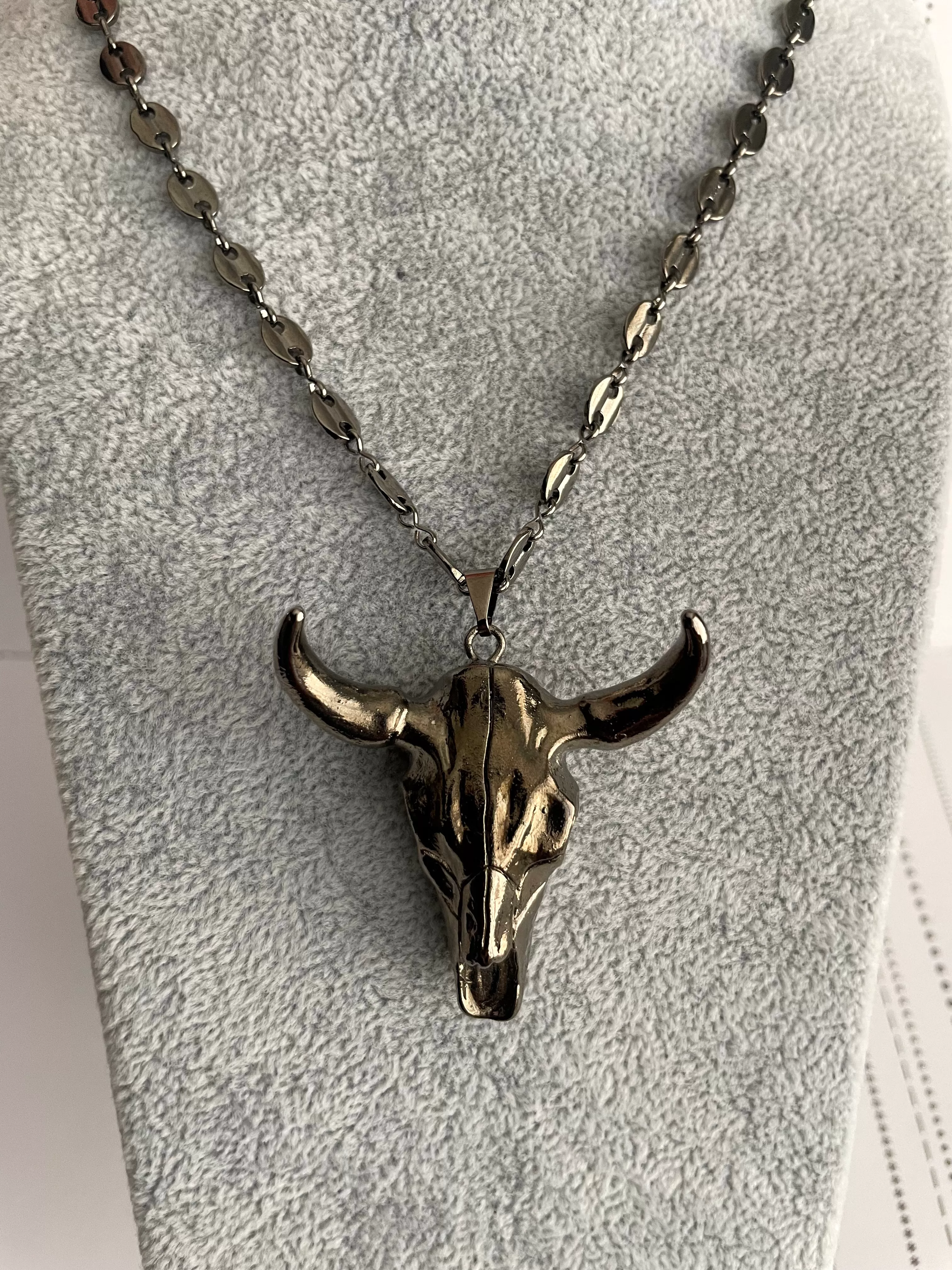 Rhodium Bull pendant long necklace