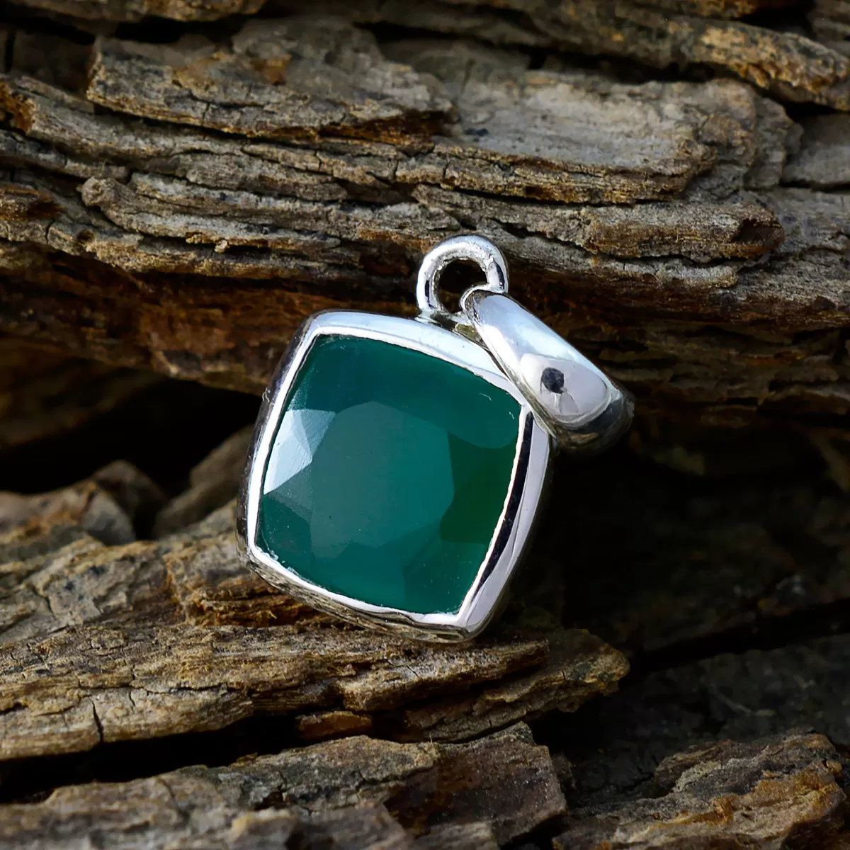 Riyo Aesthetic Gems Cushion Faceted Green Green Onyx Solid Silver Pendant Gift For Wedding