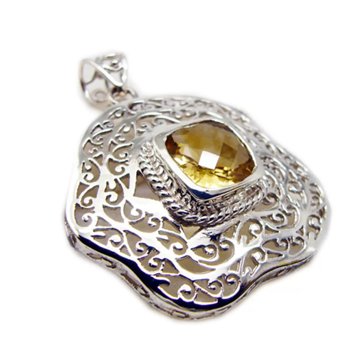 Riyo Attractive Gemstone Cushion Checker Yellow Citrine 996 Sterling Silver Pendant Gift For Girlfriend