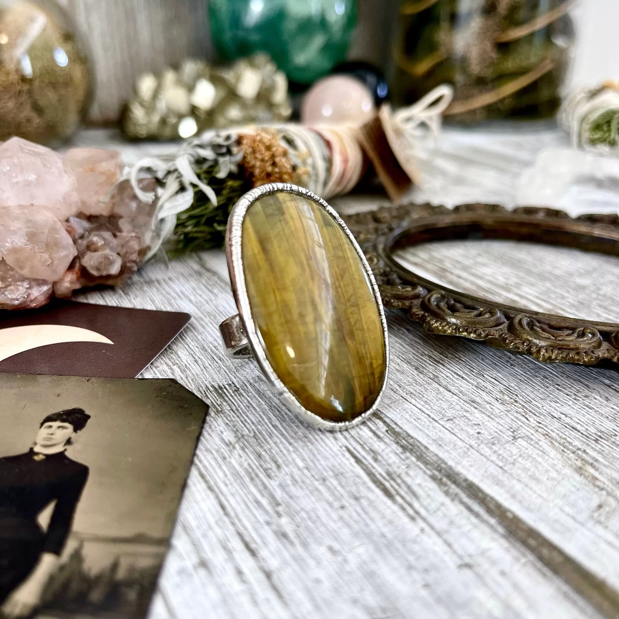 Silver Tigers Eye Ring Size 8 / Bohemian Big Stone Statement Ring