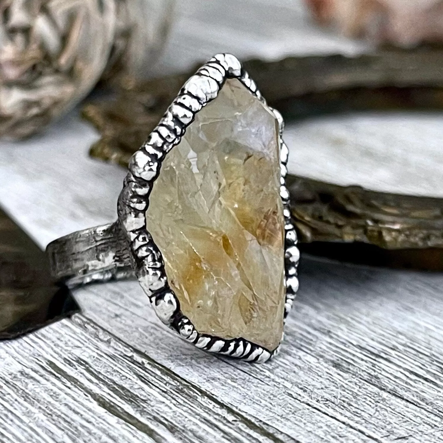 Size 6 Raw Citrine Crystal Point Ring Set in Fine Silver  / Foxlark Collection - One of a Kind