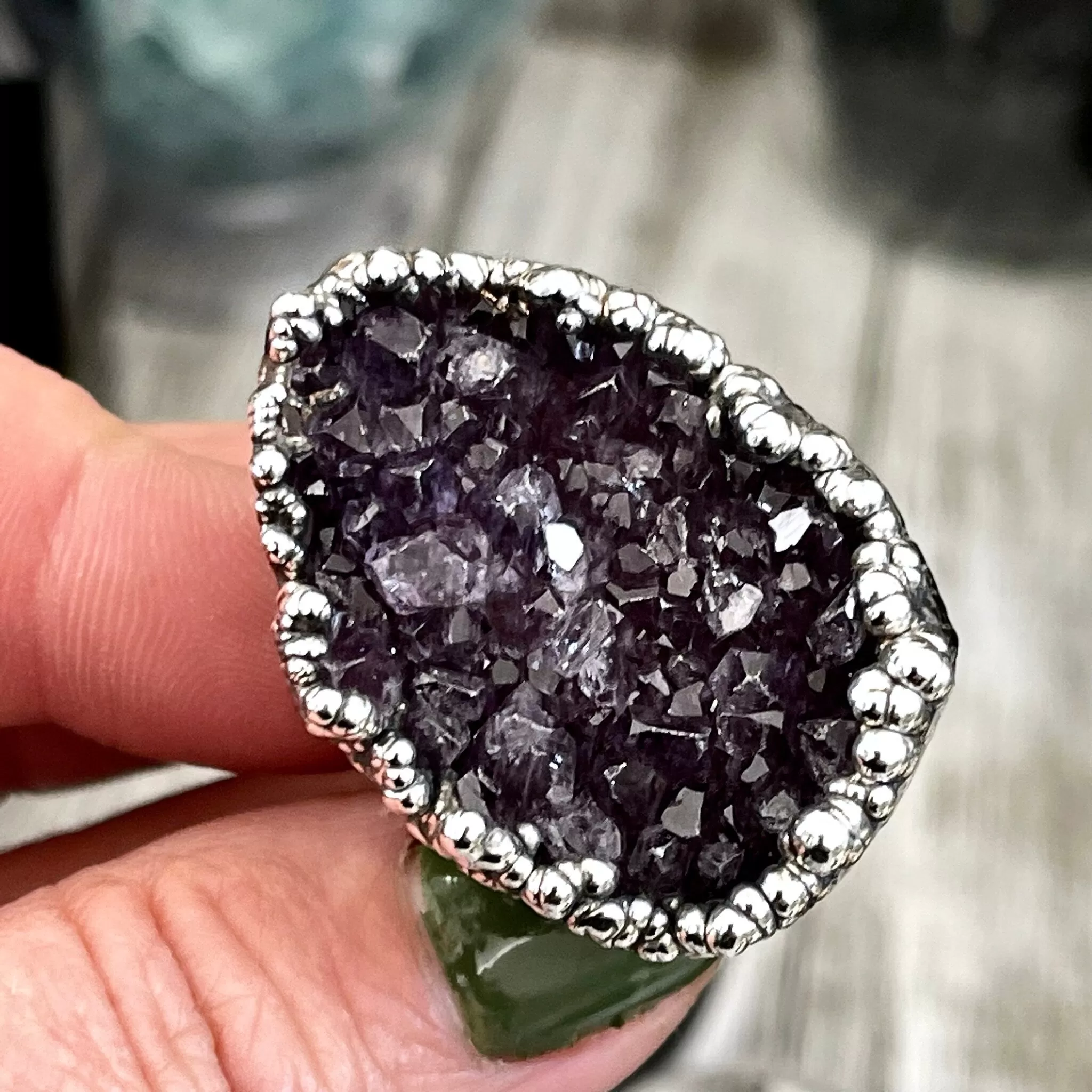 Size 7.5 Big Raw Amethyst Purple Crystal Ring in Fine Silver / Foxlark Collection - One of a Kind