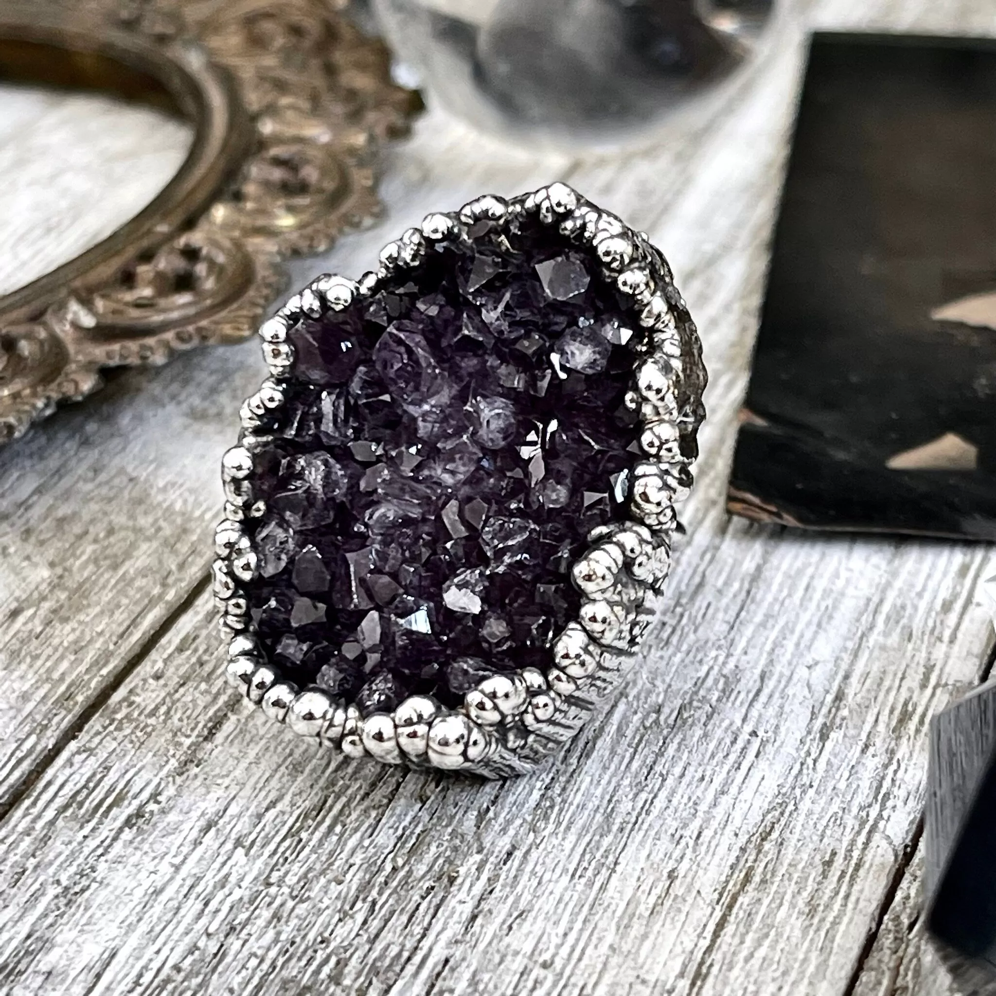 Size 7.5 Big Raw Amethyst Purple Crystal Ring in Fine Silver / Foxlark Collection - One of a Kind