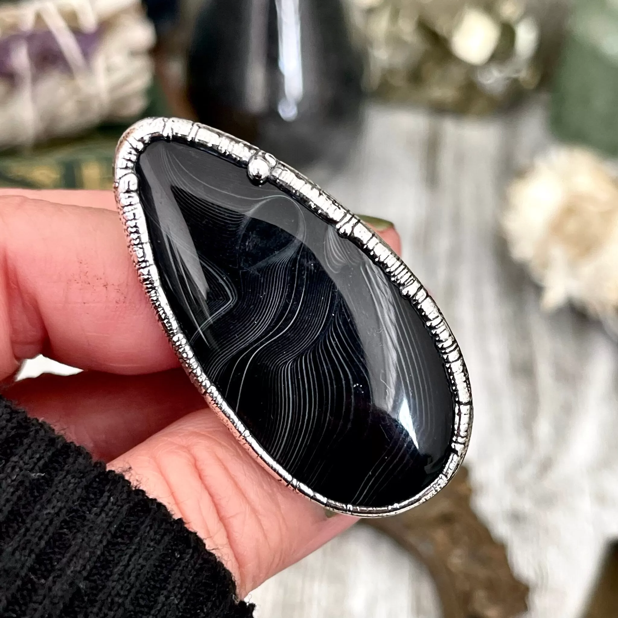 Size 8 Large Natural Black Banded Agate Ring in Fine Silver/ Foxlark Collection - One of a Kind