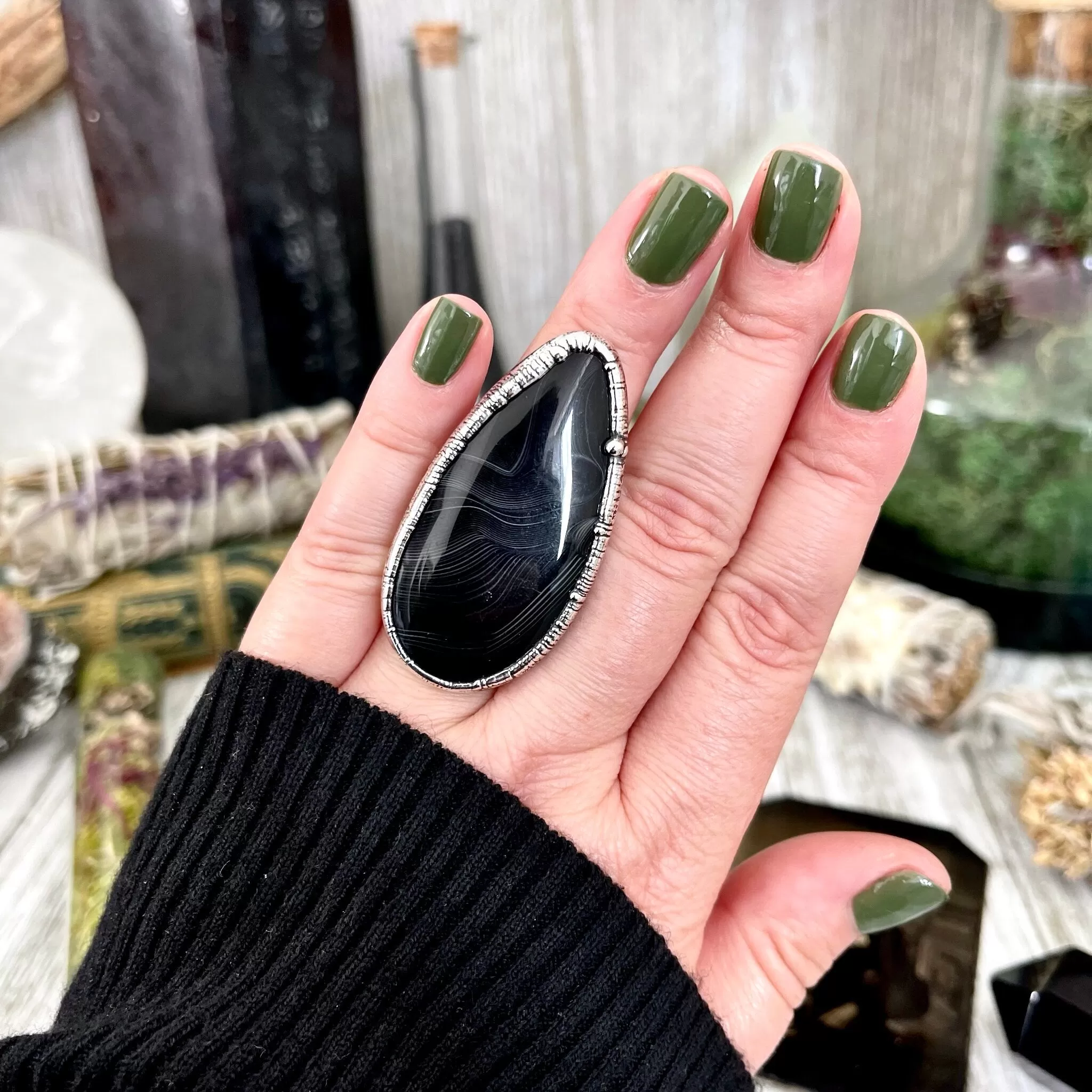 Size 8 Large Natural Black Banded Agate Ring in Fine Silver/ Foxlark Collection - One of a Kind