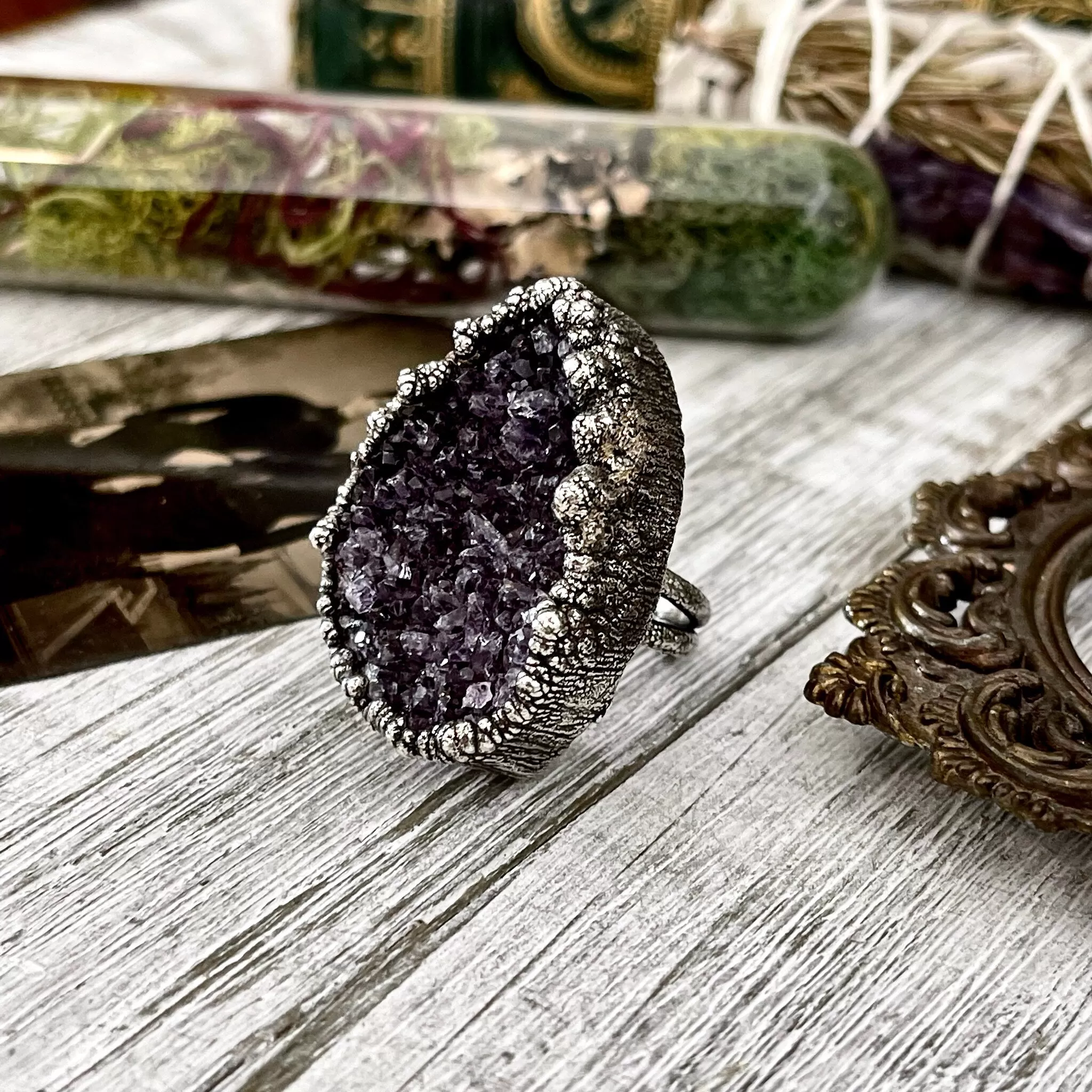 Size 8.5 Big Raw Amethyst Purple Crystal Ring in Fine Silver / Foxlark Collection - One of a Kind