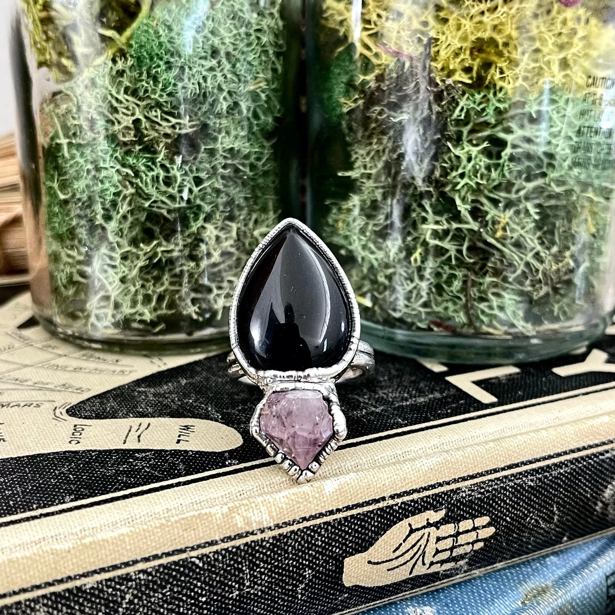 Size 9.5 Two Stone Ring- Black Onyx Purple Raw Amethyst Crystal Ring Fine Silver / Foxlark Collection - One of a Kind