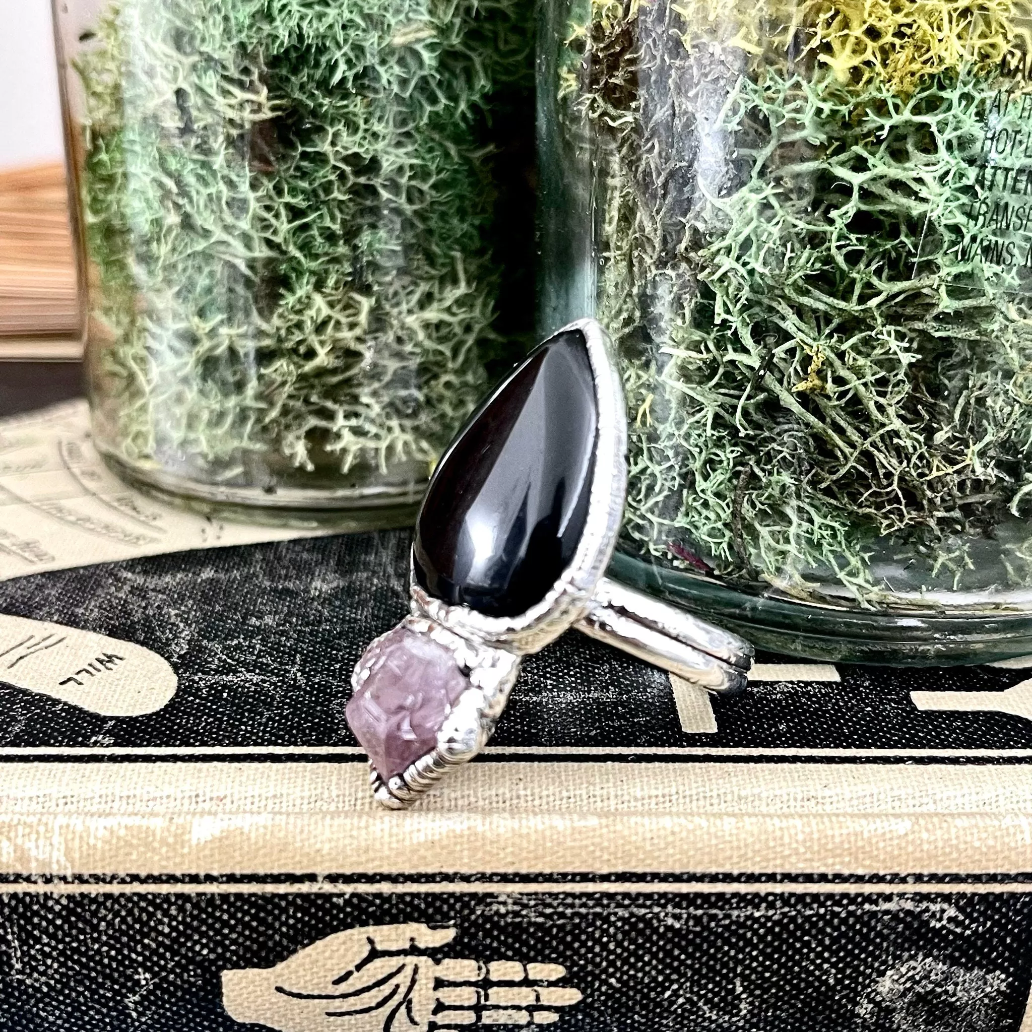 Size 9.5 Two Stone Ring- Black Onyx Purple Raw Amethyst Crystal Ring Fine Silver / Foxlark Collection - One of a Kind