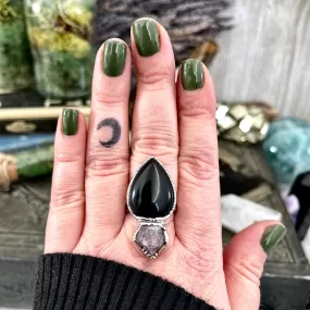 Size 9.5 Two Stone Ring- Black Onyx Purple Raw Amethyst Crystal Ring Fine Silver / Foxlark Collection - One of a Kind