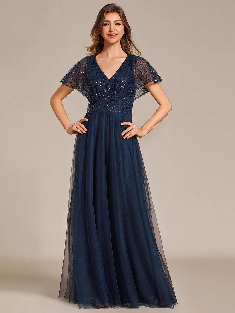 Sparkly Sequin A-Line V-Neck Tulle Formal Evening Dress