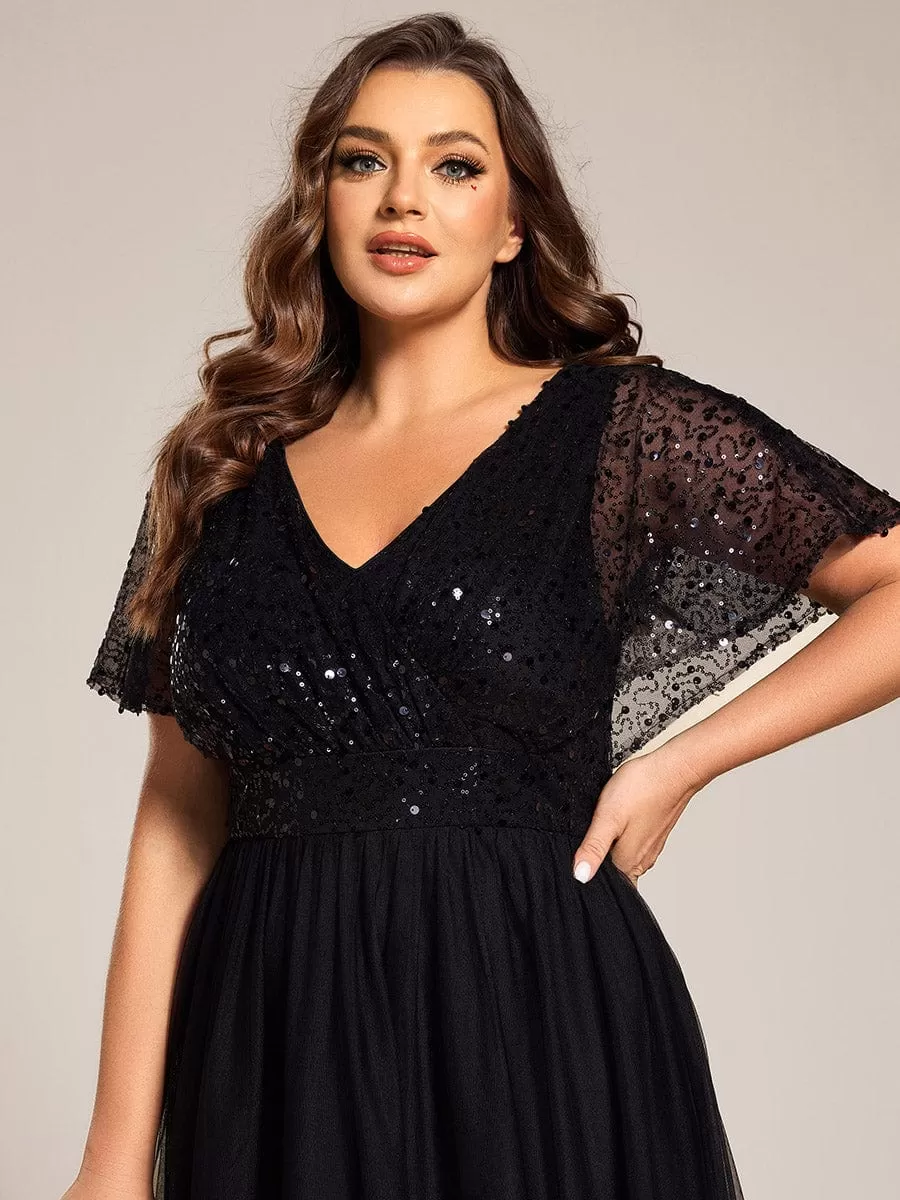 Sparkly Sequin A-Line V-Neck Tulle Formal Evening Dress