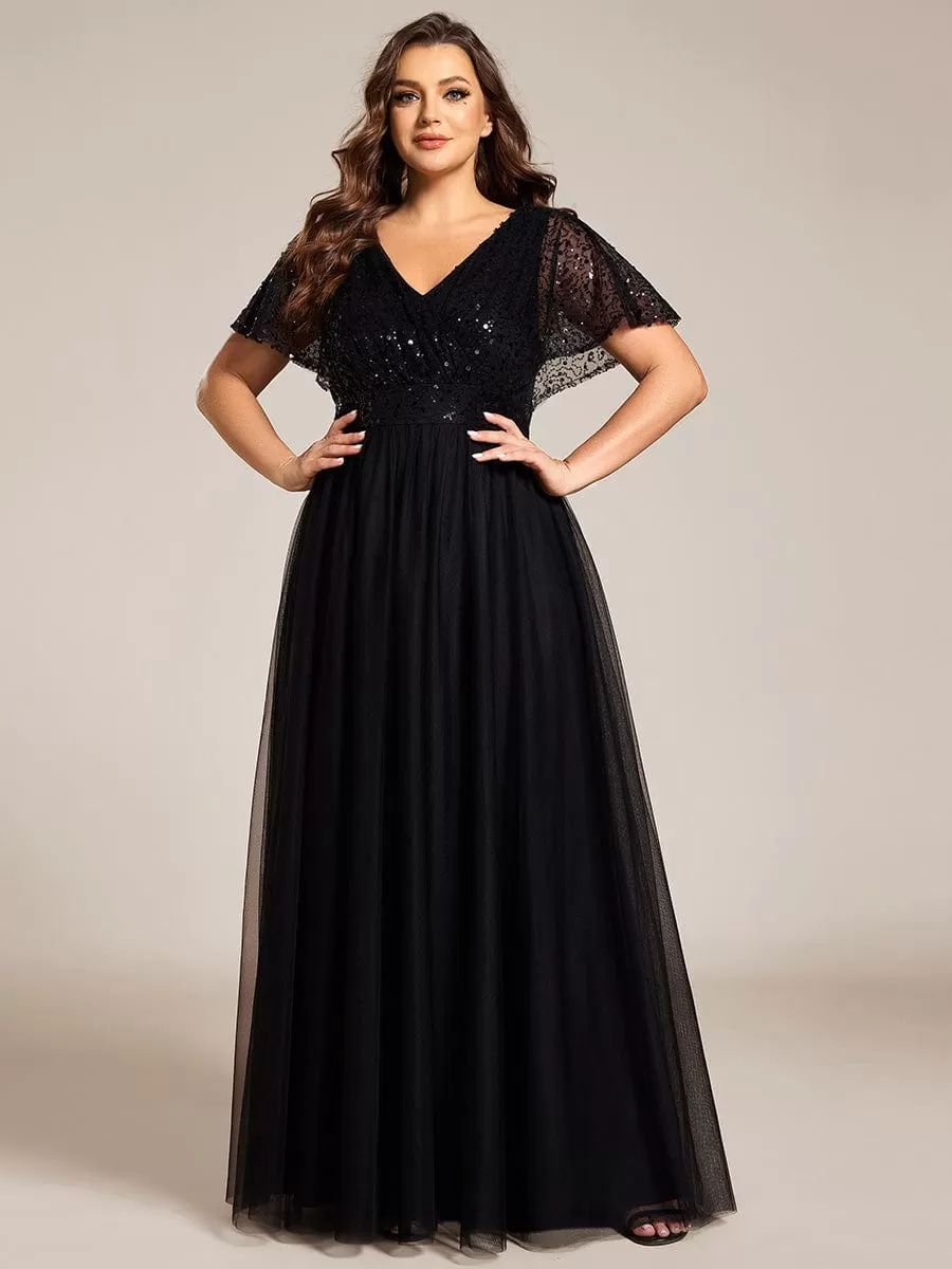 Sparkly Sequin A-Line V-Neck Tulle Formal Evening Dress