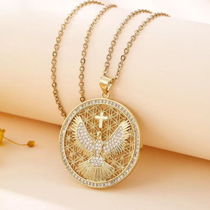 Stainless Steel Eagle Cross Medallion CZ Pendant Necklace