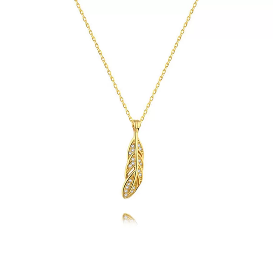 Sterling Silver Gold Plated Cubic Zirconia Leaf Feather Necklace