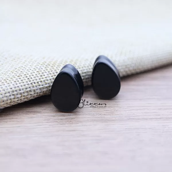 Tear Drop Semi Precious Black Agate Stone Double Flared Saddle Plugs