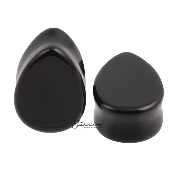 Tear Drop Semi Precious Black Agate Stone Double Flared Saddle Plugs