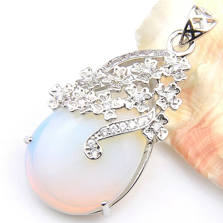 Teardrop Shape Rainbow Fire Moonstone CZ Pendant Necklace