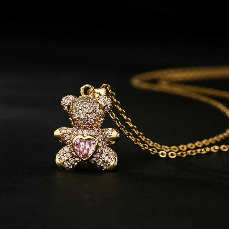 Teddy Bear Heart Shape Pave Cubic Zirconia Pendant Necklace