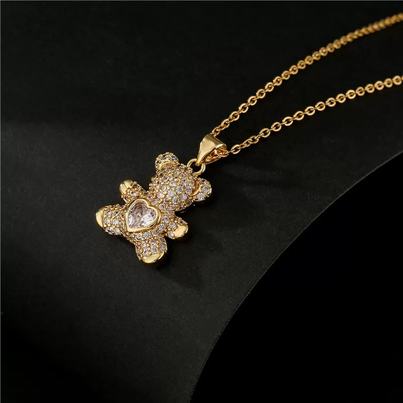 Teddy Bear Heart Shape Pave Cubic Zirconia Pendant Necklace