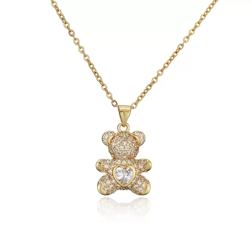 Teddy Bear Heart Shape Pave Cubic Zirconia Pendant Necklace