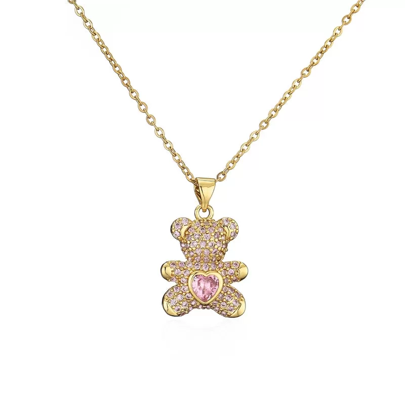 Teddy Bear Heart Shape Pave Cubic Zirconia Pendant Necklace