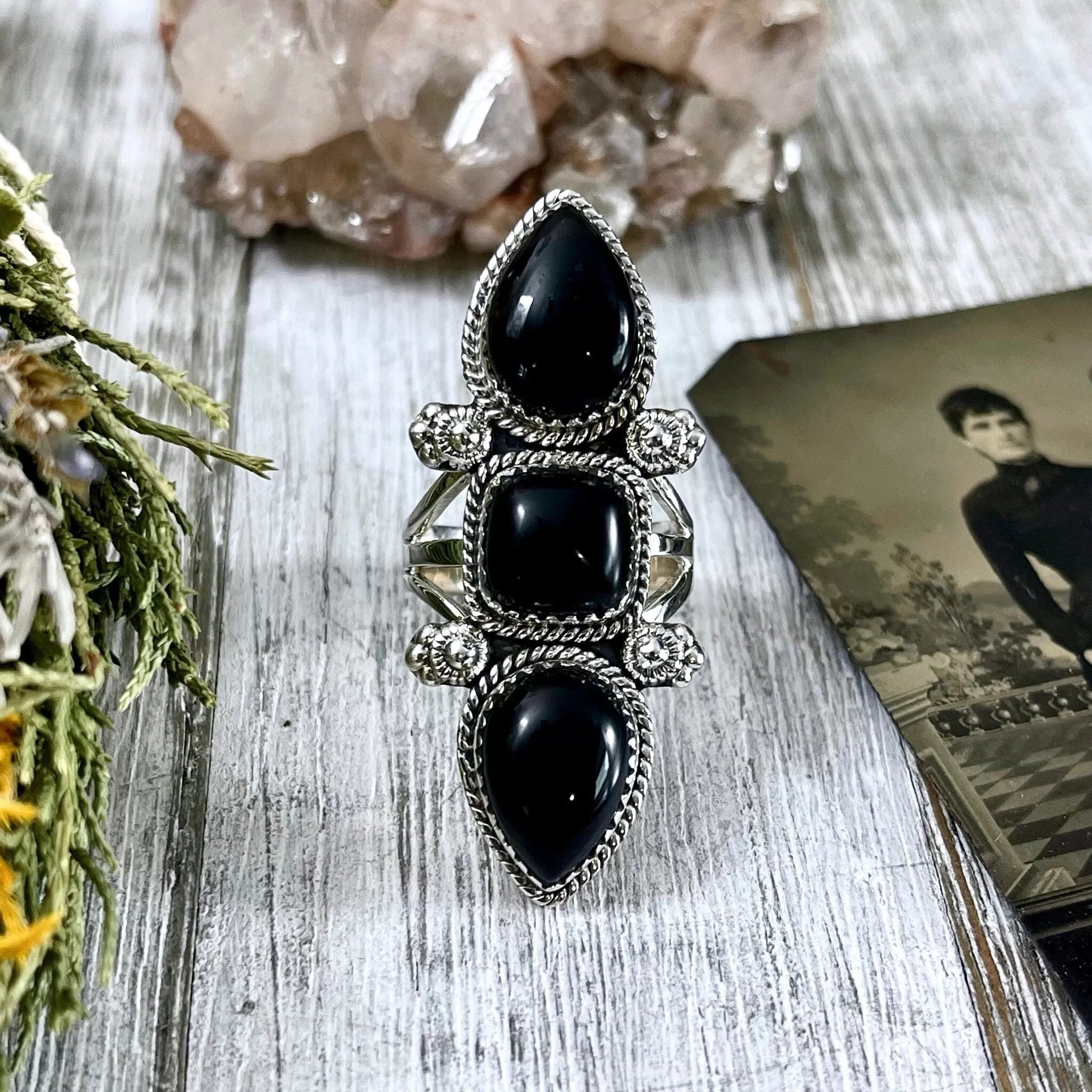 Triple Stone Black Onyx Ring in Solid Sterling Silver- Designed by FOXLARK Collection Size 5 6 7 8 9 10 11 / Big Crystal Ring Witchy Jewelry