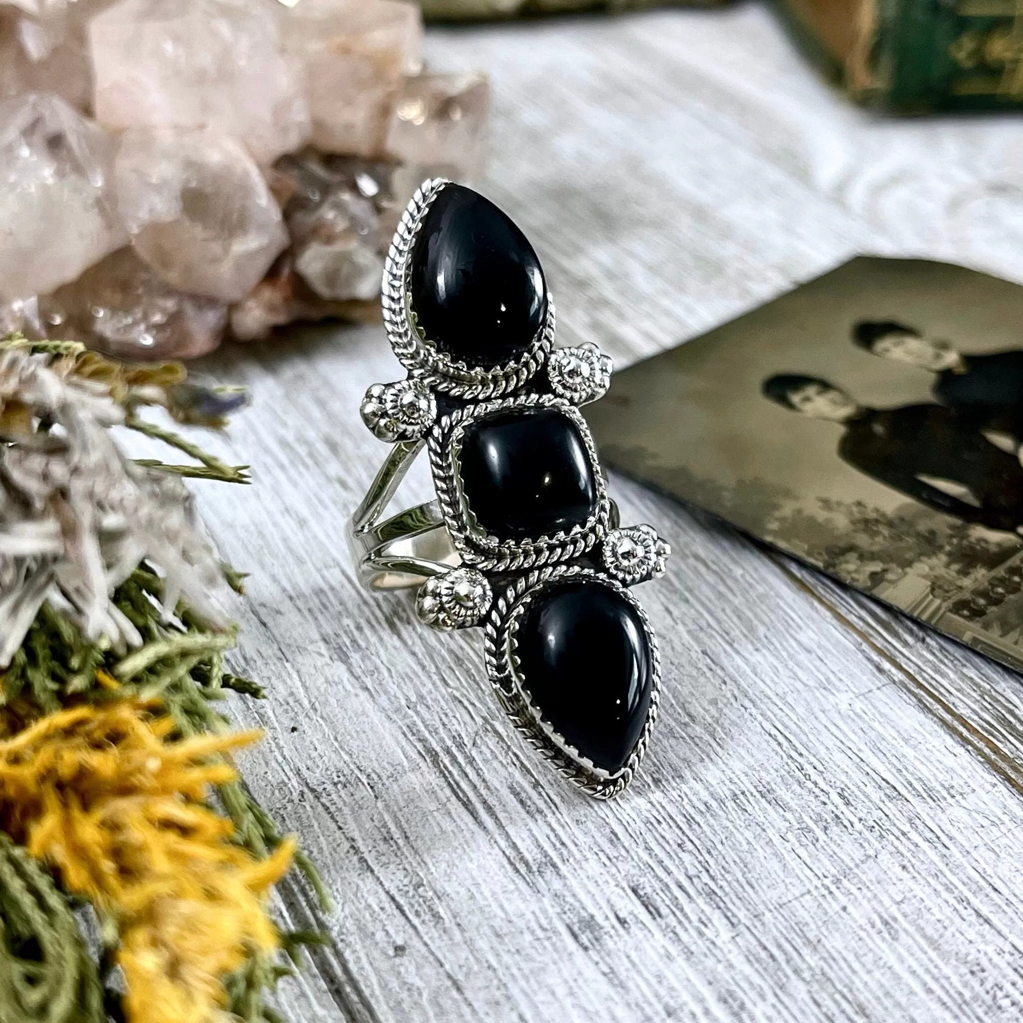 Triple Stone Black Onyx Ring in Solid Sterling Silver- Designed by FOXLARK Collection Size 5 6 7 8 9 10 11 / Big Crystal Ring Witchy Jewelry