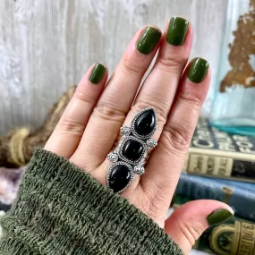 Triple Stone Black Onyx Ring in Solid Sterling Silver- Designed by FOXLARK Collection Size 5 6 7 8 9 10 11 / Big Crystal Ring Witchy Jewelry