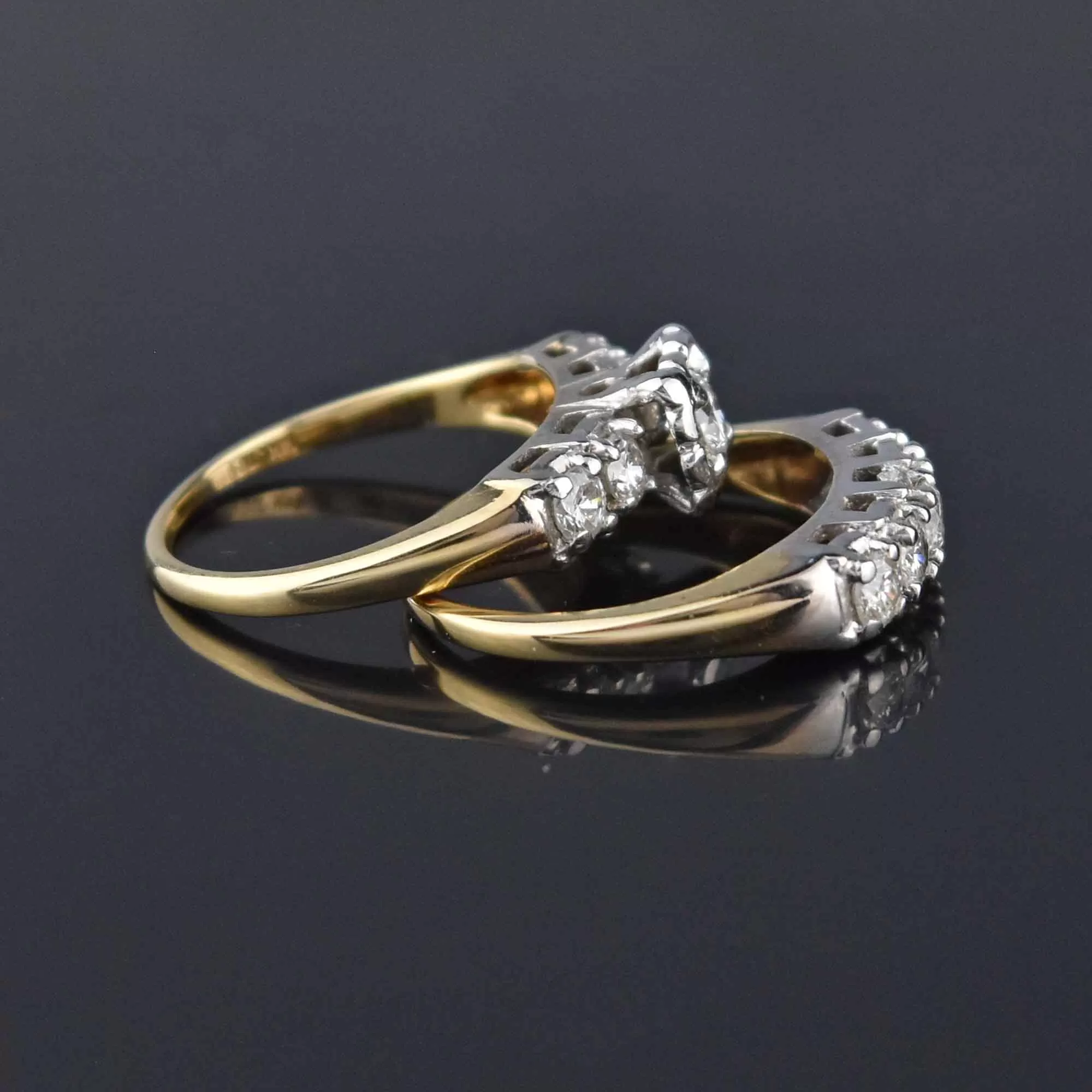 Vintage 14K Gold 1.75 CTW Diamond Wedding Engagement Ring Set