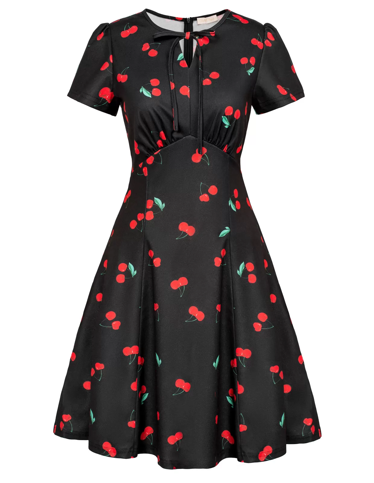 Vintage Cherry Pattern A-Line Swing Dress Keyhole Tie Dress Round Neck Work Dress Tea Dress