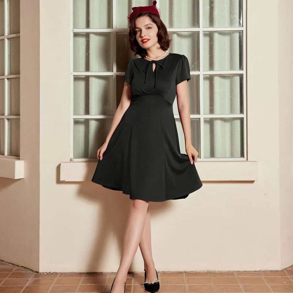 Vintage Cherry Pattern A-Line Swing Dress Keyhole Tie Dress Round Neck Work Dress Tea Dress