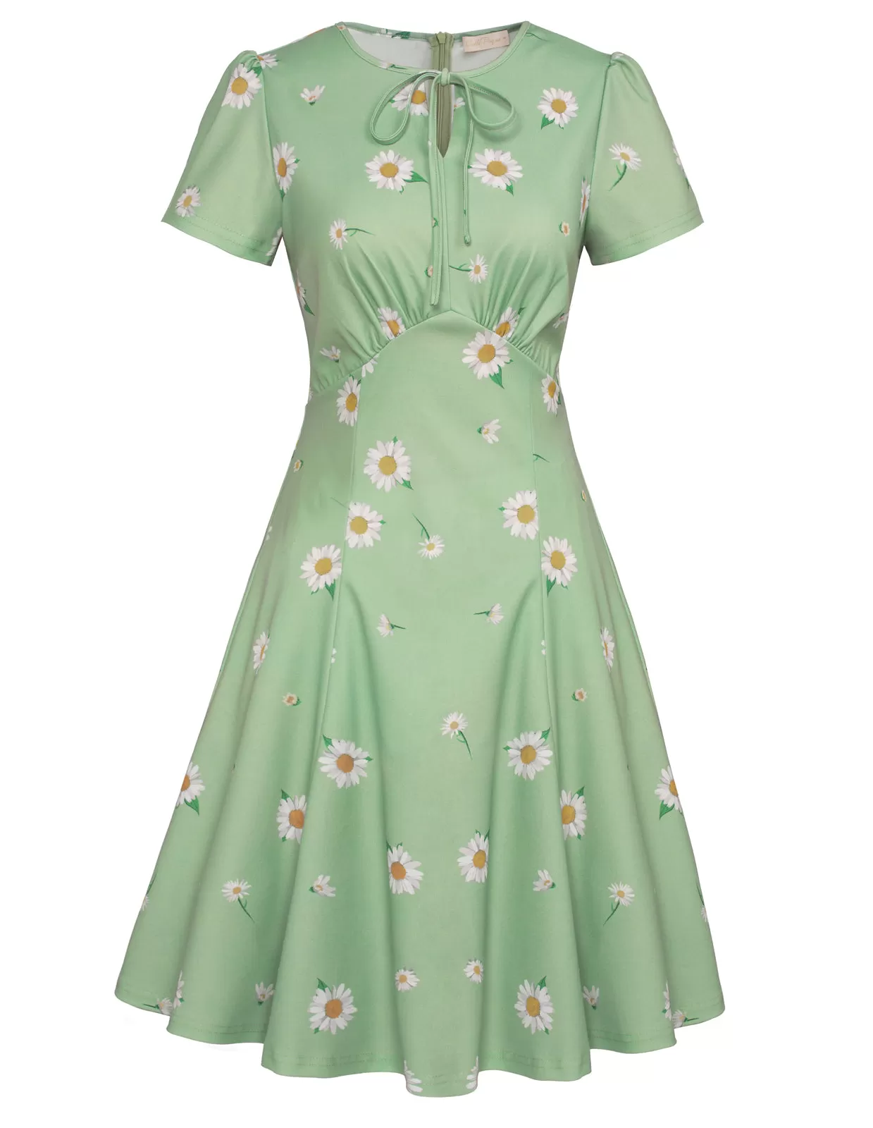 Vintage Cherry Pattern A-Line Swing Dress Keyhole Tie Dress Round Neck Work Dress Tea Dress