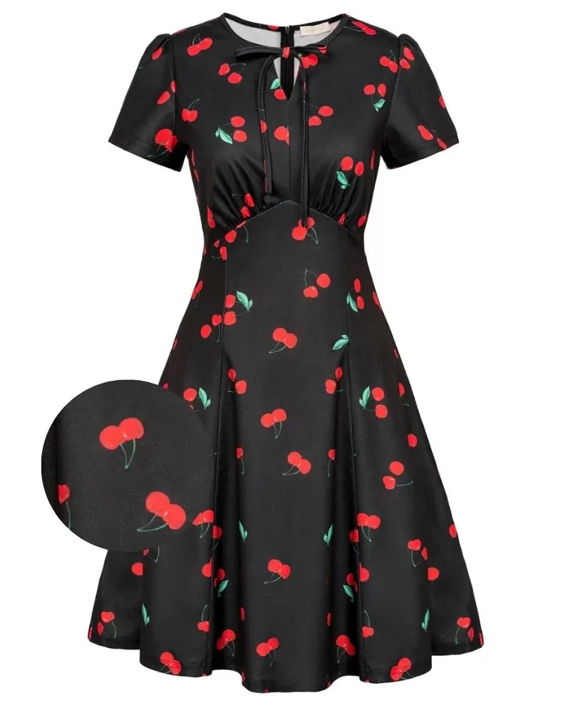 Vintage Cherry Pattern A-Line Swing Dress Keyhole Tie Dress Round Neck Work Dress Tea Dress