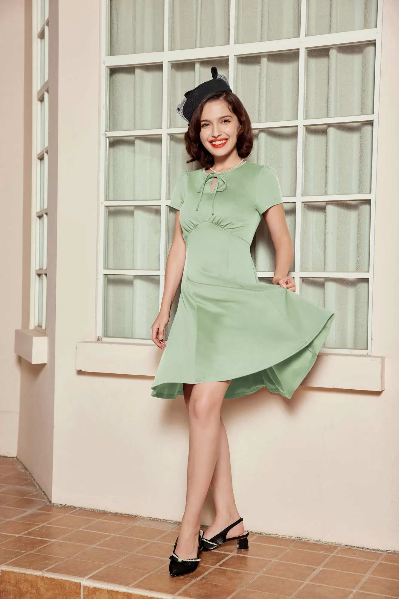 Vintage Cherry Pattern A-Line Swing Dress Keyhole Tie Dress Round Neck Work Dress Tea Dress