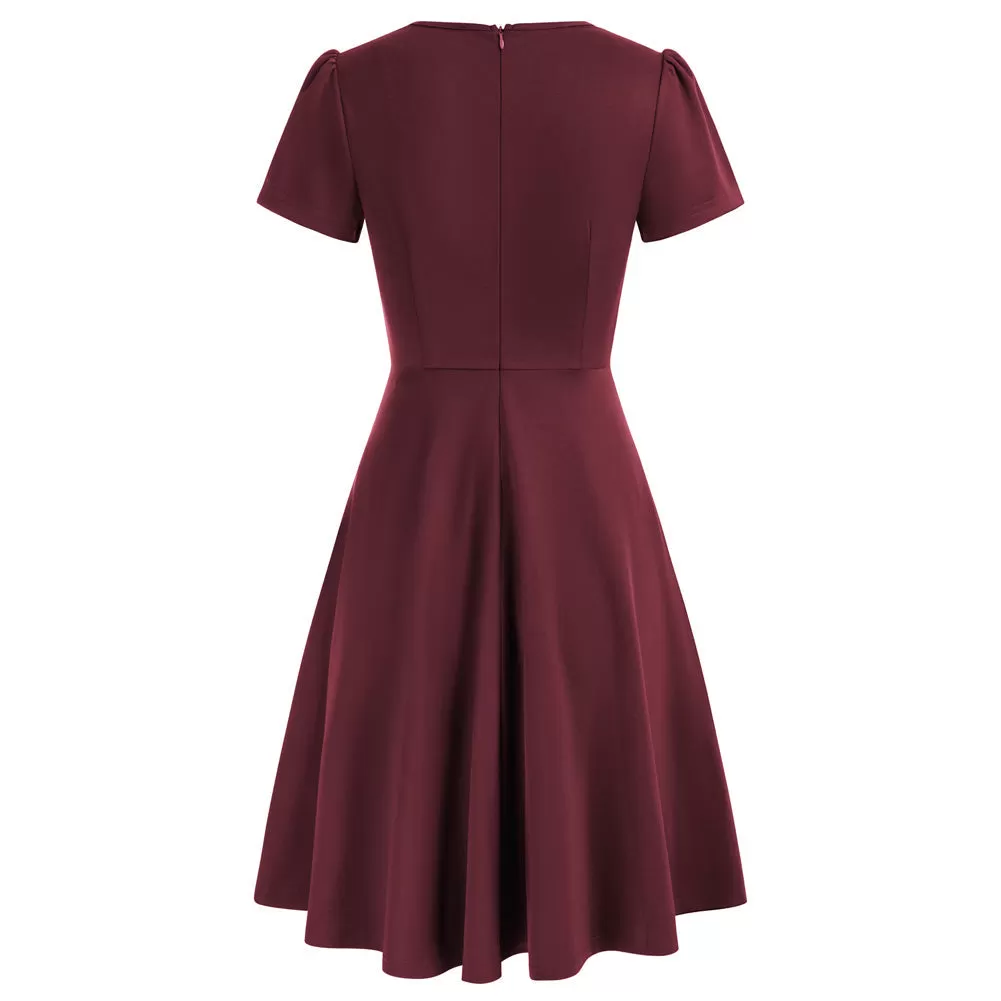 Vintage Cherry Pattern A-Line Swing Dress Keyhole Tie Dress Round Neck Work Dress Tea Dress