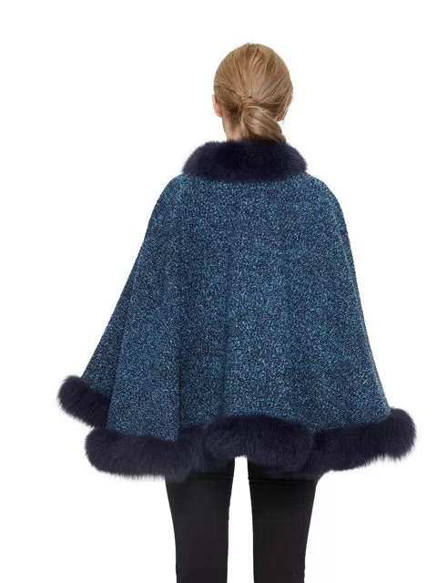 Wool blend cape with fox trim