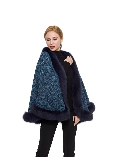 Wool blend cape with fox trim