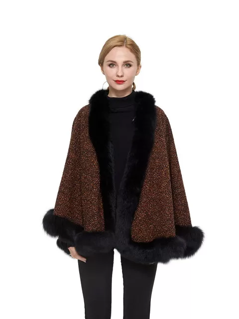 Wool blend cape with fox trim