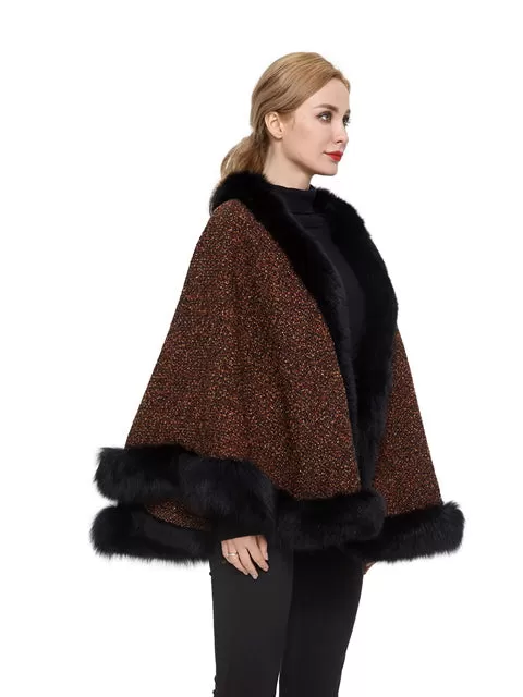 Wool blend cape with fox trim