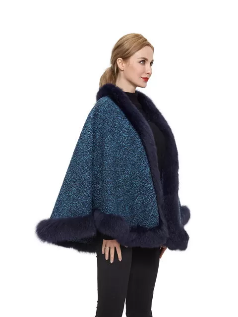 Wool blend cape with fox trim