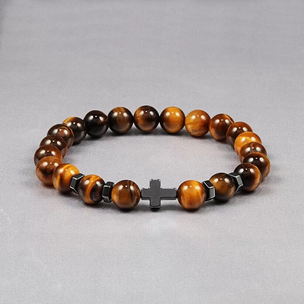 WWJD Energy Tiger Eye Stone Black Lava Cross Beads Bracelet