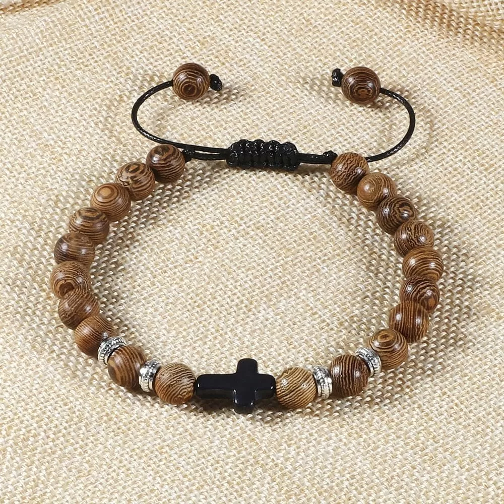 WWJD Energy Tiger Eye Stone Black Lava Cross Beads Bracelet