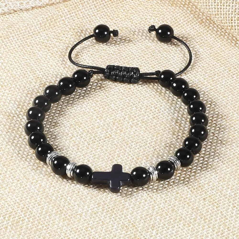 WWJD Energy Tiger Eye Stone Black Lava Cross Beads Bracelet