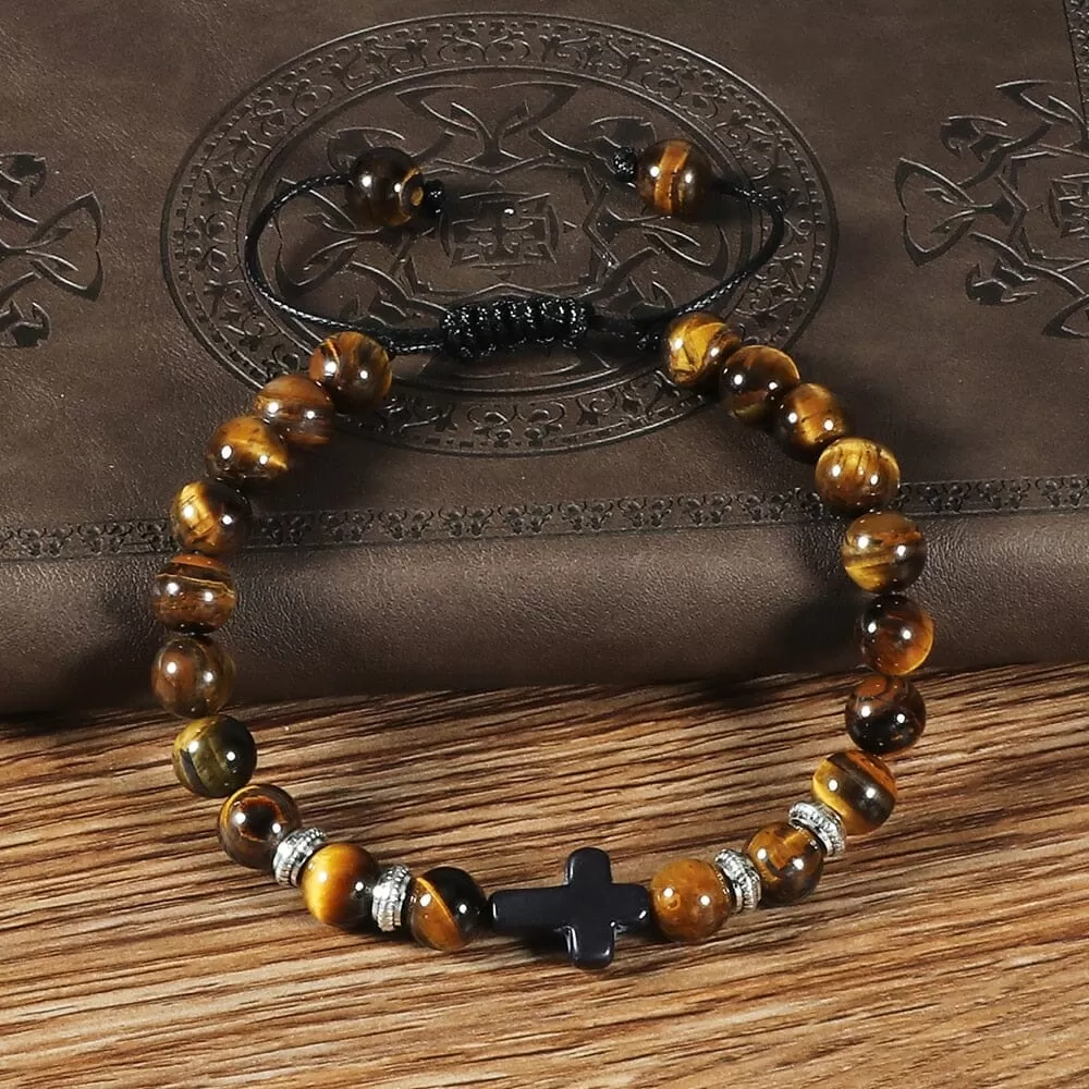 WWJD Energy Tiger Eye Stone Black Lava Cross Beads Bracelet