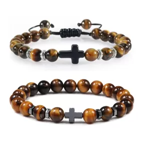 WWJD Energy Tiger Eye Stone Black Lava Cross Beads Bracelet