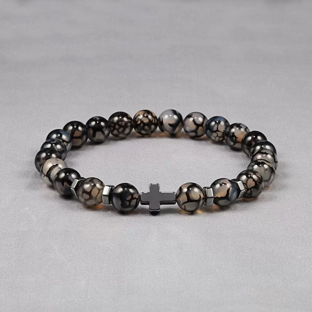 WWJD Energy Tiger Eye Stone Black Lava Cross Beads Bracelet