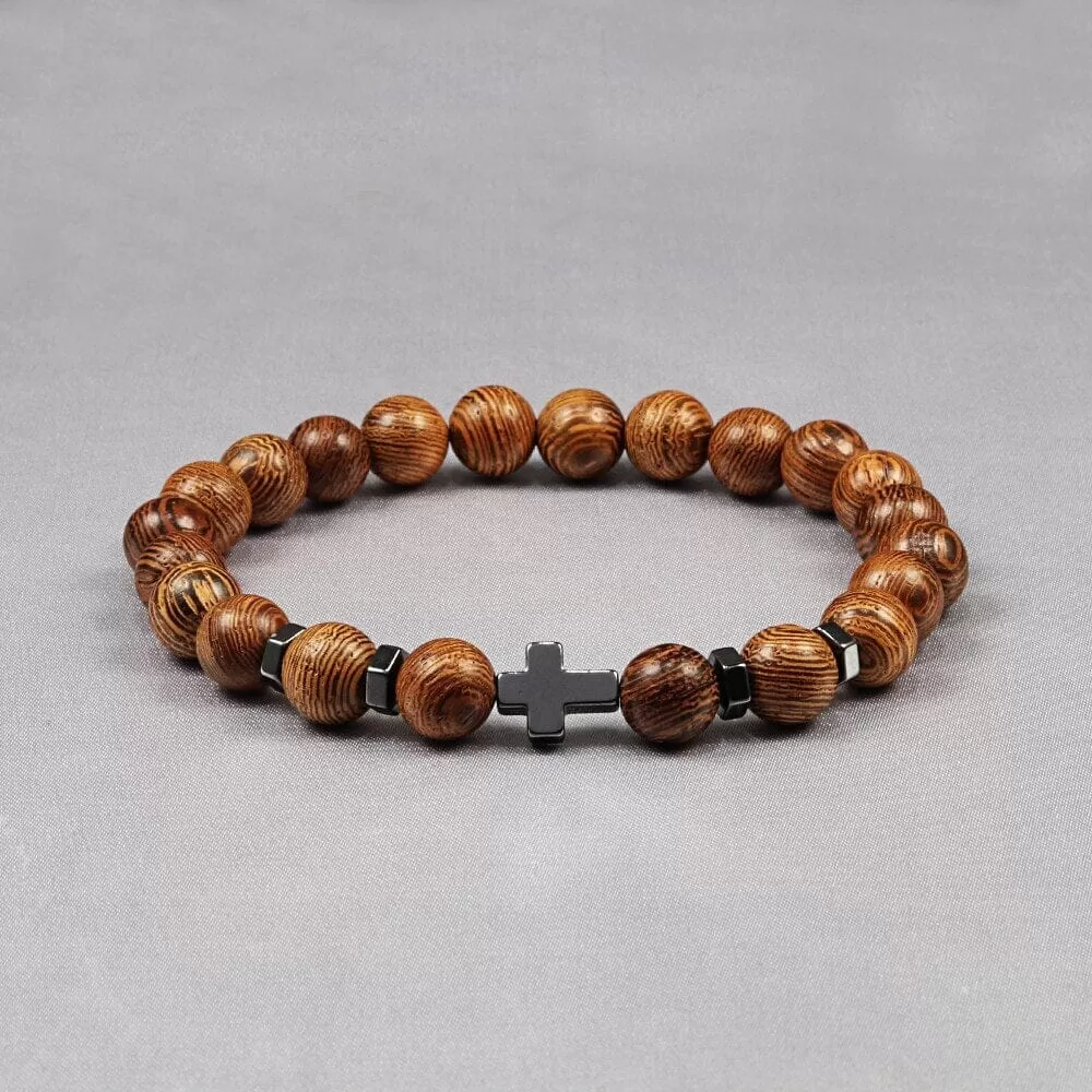 WWJD Energy Tiger Eye Stone Black Lava Cross Beads Bracelet